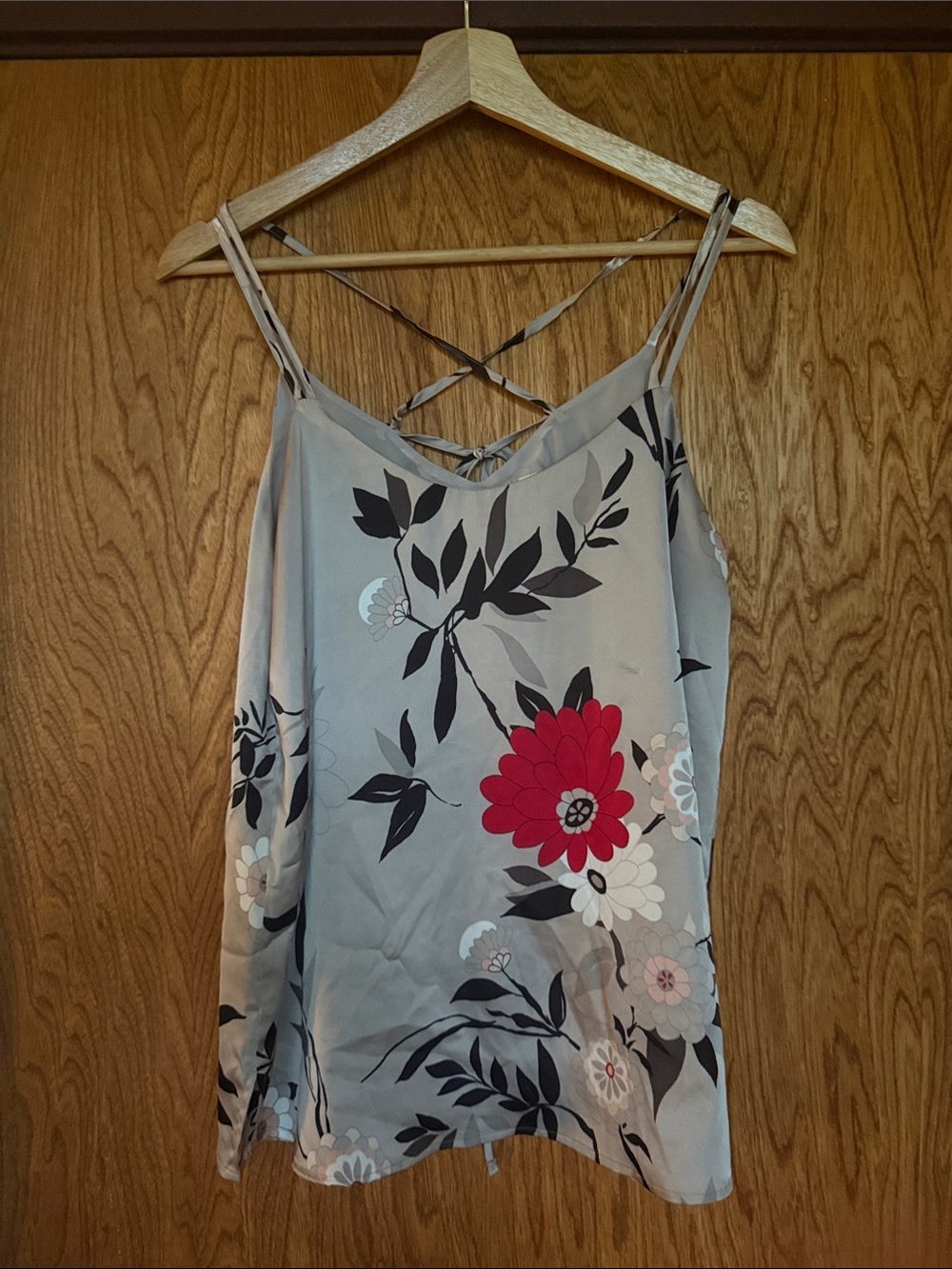 LOFT Gray Floral Spaghetti Strap Cami with Red Bloom